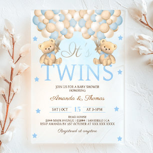 Blue Twin Boys Bear Balloons Baby Shower Acrylic Invitations