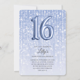 Blue Twinkle Lights Foil Balloon 16th Birthday Invitation