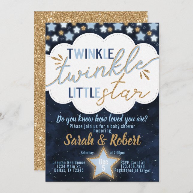 Blue Twinkle Little Star Baby Shower Invitation (Front/Back)