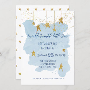 Blue Twinkle Little Star Gold Boy Baby Shower Invitation