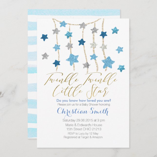Blue Twinkle Stars BOY Baby Shower invitation (Front/Back)
