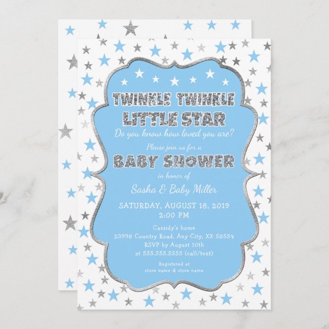 BLUE Twinkle Twinkle Little Star Baby Shower Invitation (Front/Back)
