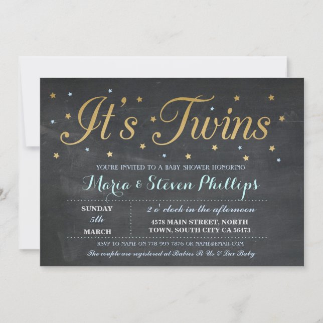 Blue Twins Boy Chalk Gold Baby Shower Invite (Front)
