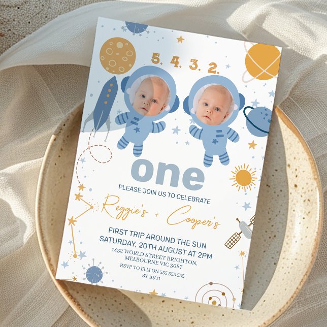 Blue Twins First Trip Around the Sun 1st Birthday Invitation (Cute Boy Twins First Trip Around The Sun Birthday Invitation Outer Space Birthday Invite For Twins)