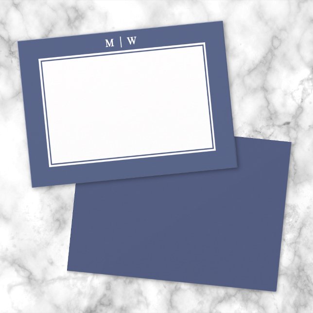Blue Two Border Minimalist Monogram Card (Navy Blue Two Border Minimalist Monogram Note Card )
