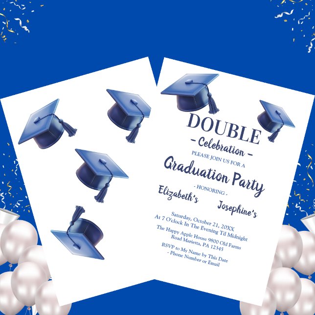 Blue Two Graduates caps Double Graduation Party Invitation (Creator Uploaded)