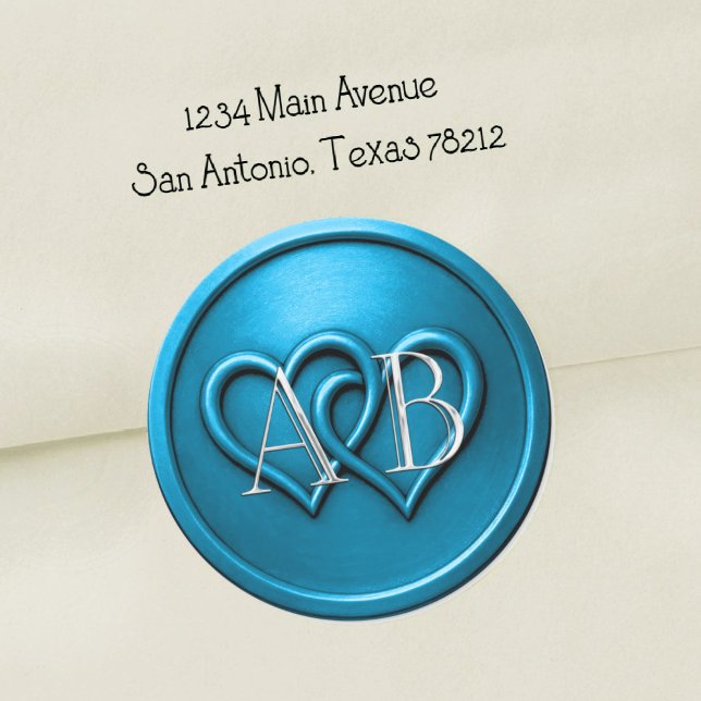 Blue Two Hearts Silver Monogram Wedding Classic Round Sticker (Creator Uploaded)