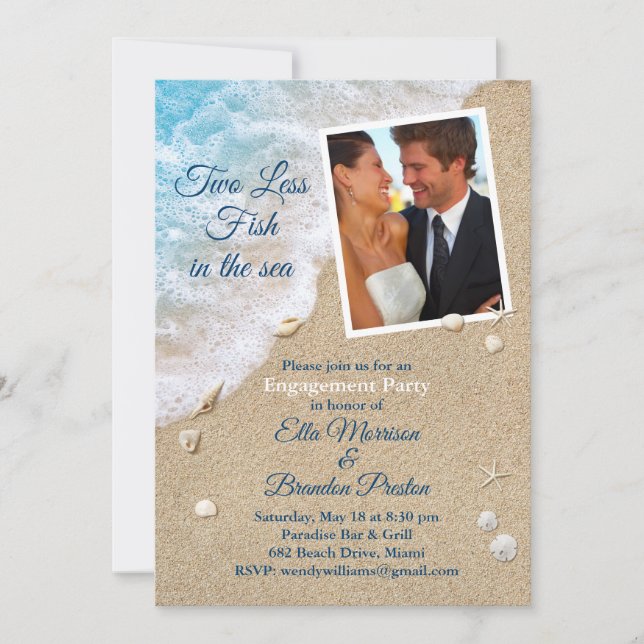 Blue Two Less Fish in the Sea Photo Engagement Invitation (Front)