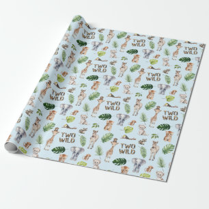 Blue Two Wild 2nd Birthday Jungle animals Wrapping Paper