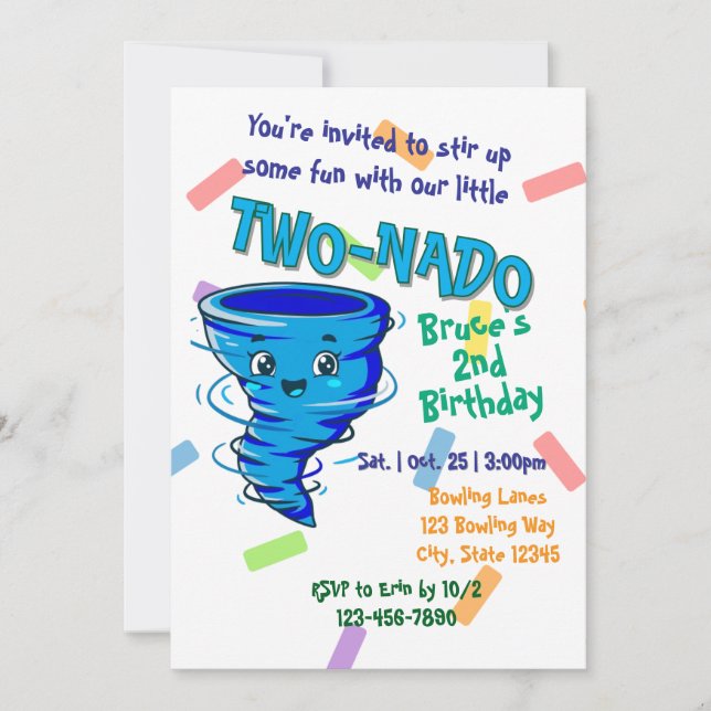 Blue TwoNado, 2nd birthday invitation (Front)