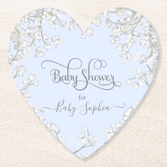 Blue Typography Baby's Breath Floral Baby Shower Paper Coaster (Front)