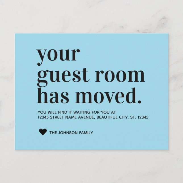 Blue Typography Guest Room Moving Announcement Postcard (Front)