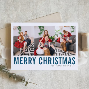 Blue Typography Merry Christmas Photo Collage Holiday Card