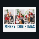 Blue Typography Merry Christmas Photo Collage Holiday Postcard<br><div class="desc">Merry Christmas! Customisable Christmas photo collage postcard featuring blue and black simple typography. Personalise by adding three photos,  names,  year and other details. This modern Christmas postcard is available in other colours and cardstock.</div>