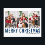 Blue Typography Merry Christmas Photo Collage Postcard<br><div class="desc">Merry Christmas! Customisable Christmas photo collage postcard featuring blue and black simple typography. Personalise by adding three photos, names, year and other details. This modern Christmas postcard is available in other colours and cardstock.</div>