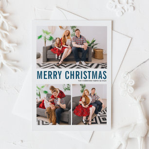 Blue Typography Merry Christmas Three Photo Holiday Card