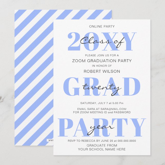 Blue Typography Modern Online Graduation Party Invitation (Front/Back)