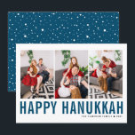 Blue Typography Photo Collage Happy Hanukkah Holiday Card<br><div class="desc">Happy Hanukkah! Customisable Happy Hanukkah photo collage flat card featuring blue simple typography and snow pattern. Personalise by adding three photos,  names,  year and other details. This modern Hanukkah flat card is available in other colours and cardstock.</div>