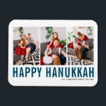 Blue Typography Photo Collage Happy Hanukkah Magnet<br><div class="desc">Happy Hanukkah! Celebrate the joyous Festival of Lights with our customisable photo Hanukkah magnet! This festive magnet allows you to showcase your favourite memories while adding a personal touch to your holiday decor. It features blue simple typography. Personalise by adding three photos, names, year and other details. An ideal gift...</div>