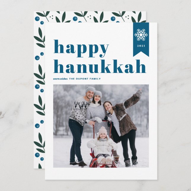 Blue Typography Snowflakes Photo Happy Hanukkah Holiday Card (Front/Back)