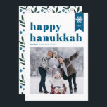 Blue Typography Snowflakes Photo Happy Hanukkah Holiday Card<br><div class="desc">Happy Hanukkah! | Send your holiday wishes with this customisable Hanukkah photo flat card. It features blue retro bold typography,  simple snowflakes accent and festive pattern. Personalise by adding names,  year and photo. This festive photo Happy Hanukkah flat card is available in various colours and cardstock.</div>