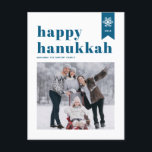 Blue Typography Snowflakes Photo Happy Hanukkah Holiday Postcard<br><div class="desc">Happy Hanukkah! | Send your holiday wishes with this customisable Hanukkah photo postcard. It features blue retro bold typography,  simple snowflakes accent and festive pattern. Personalise by adding names,  year and photo. This festive photo Happy Hanukkah postcard is available in various colours and cardstock.</div>
