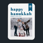 Blue Typography Snowflakes Photo Happy Hanukkah Magnet<br><div class="desc">Happy Hanukkah! | Send your holiday wishes with this customisable Hanukkah photo magnet. It features blue retro bold typography and snowflake accents. Personalise by adding names,  year and photo. This festive photo Happy Hanukkah magnet is available in various colours and cardstock.</div>