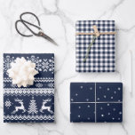 Blue ugly Christmas sweater buffalo plaid & stars Wrapping Paper Sheet<br><div class="desc">Christmas gift wrapping paper set feature ugly Christmas sweater pattern,  buffalo plaid and stars pattern on colour editable navy blue background. 
Select "Click to customise further" to custom the background colour,  or adjust pattern size.</div>