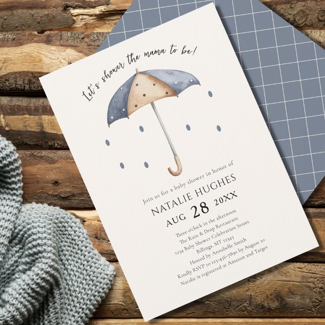 Blue Umbrella and Rain Baby Shower Invitation (Creator Uploaded)