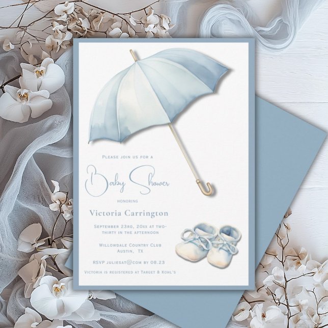 Blue Umbrella Baby Shoes Baby Shower Invitation (Creator Uploaded)