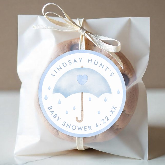 Blue Umbrella Baby Shower Favour Sticker (Boy Baby Shower Favor Sticker)