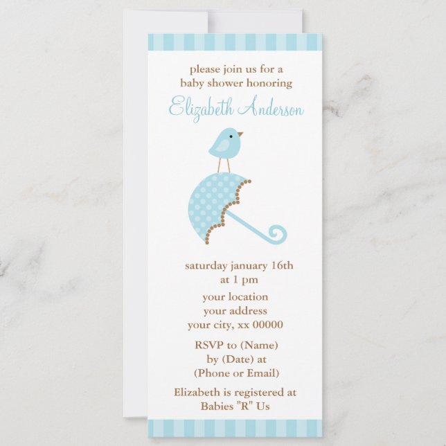 Blue Umbrella Bird Baby Shower Invitation (Front)