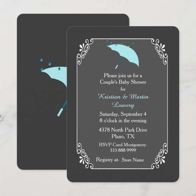 Blue Umbrella Couple's Baby Shower Invitation (Front/Back)