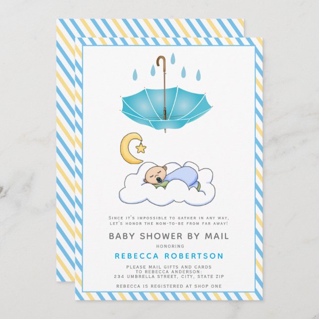 Blue umbrella, sleeping baby boy shower by mail invitation (Front/Back)