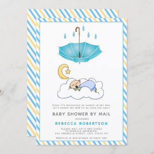 Blue umbrella, sleeping baby boy shower by mail invitation