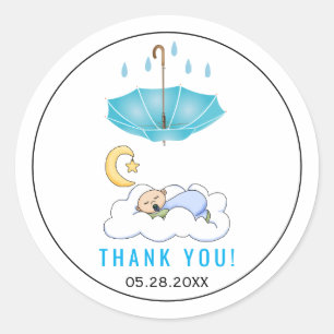 Blue umbrella, sleeping baby boy shower thank you classic round sticker
