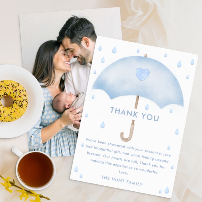 Blue Umbrella Sprinkle Baby Shower Thank You Card (Blue Umbrella Thank You Card)