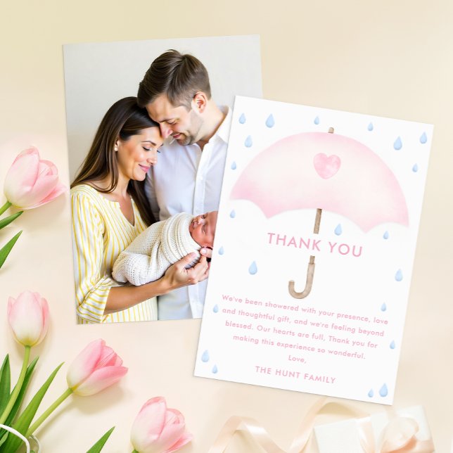 Blue Umbrella Sprinkle Baby Shower Thank You Card (Front & Back | Thank You Card)
