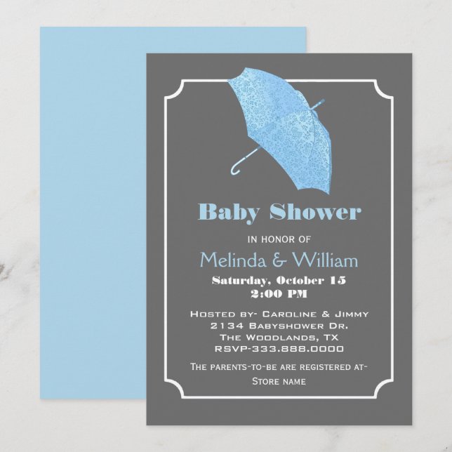 Blue Umbrella Stylish Baby Shower Invitation (Front/Back)