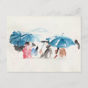 Blue Umbrellas Original Watercolors Postcard 1