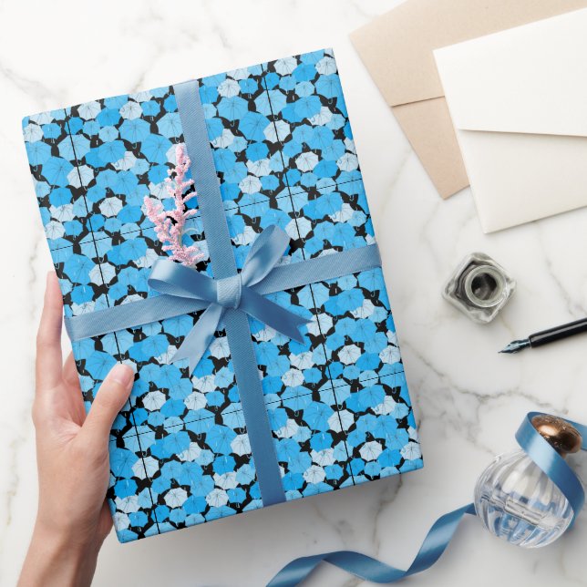 Blue umbrellas Pattern 01 Black BG Wrapping Paper (Gifting)