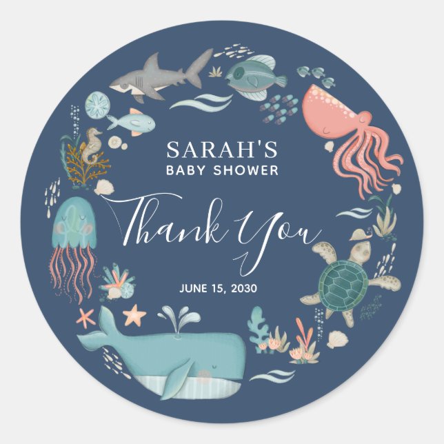 Blue Under the Sea Baby Shower Thank You Classic R Round Sticker (Front)
