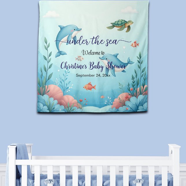 Blue Under the Sea Baby Shower Welcome Backdrop Tapestry (Creator Uploaded)