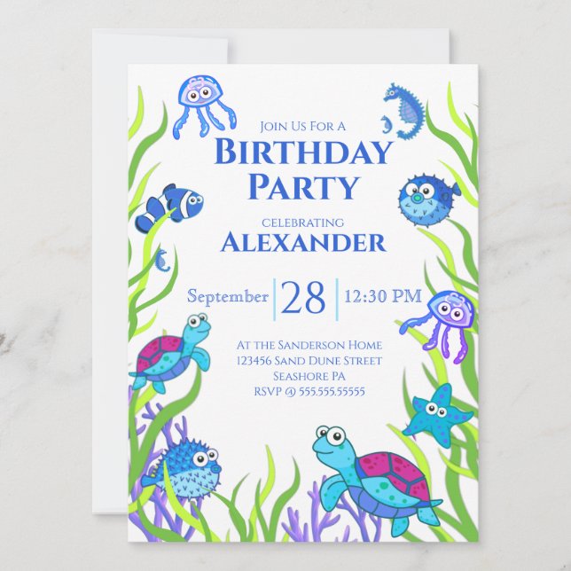 Blue Under the Sea Boy Birthday Party Invitation (Front)
