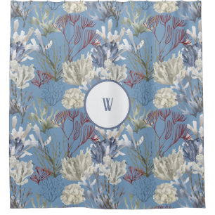 Blue Under the Sea Corals Monogram Shower Curtain