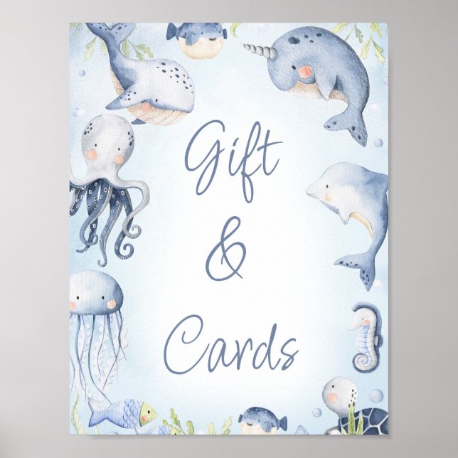 Blue Under the Sea Creatures Boys Baby Shower Sign (Front)