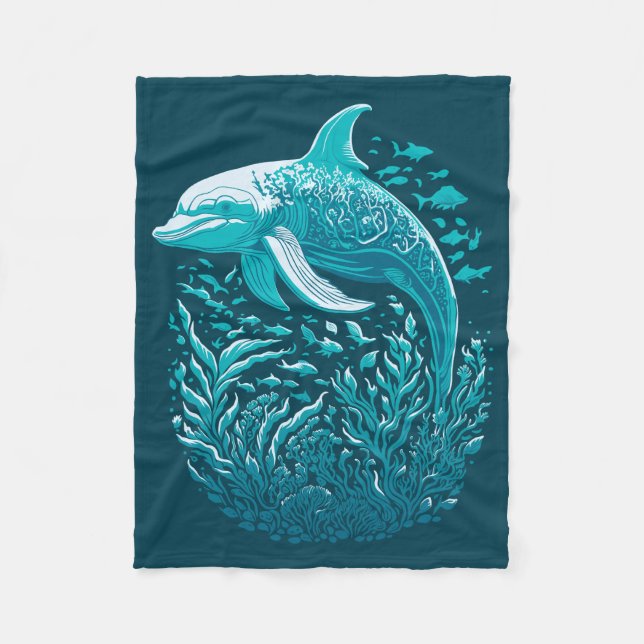 Blue Under The Sea Dolphin Fleece Blanket (Front)