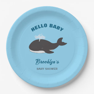 Blue Under The Sea Hello Baby Shower Grey Whale Paper Plate