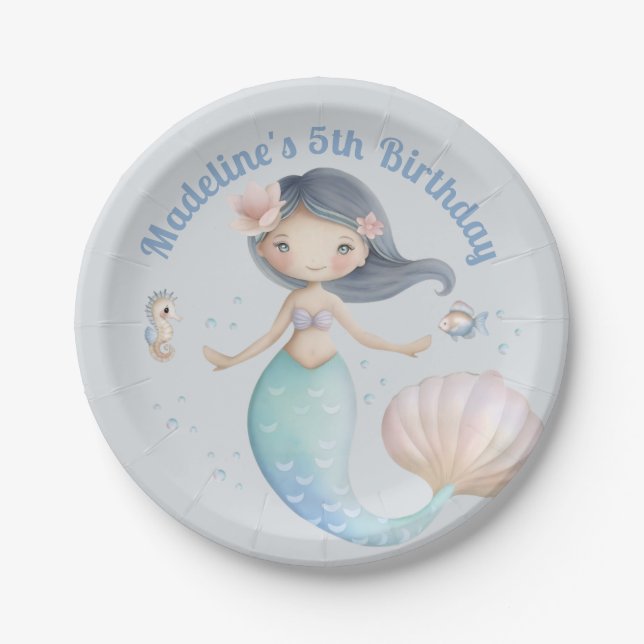 Blue Under the Sea Mermaid Birthday Party Paper Plate (Front)