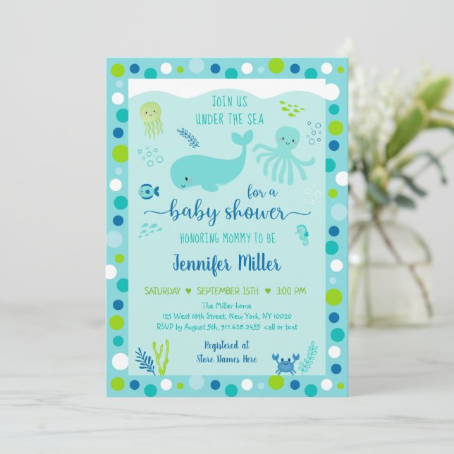 Blue Under The Sea Nautical Whale Baby Shower  Invitation (Standing Front)